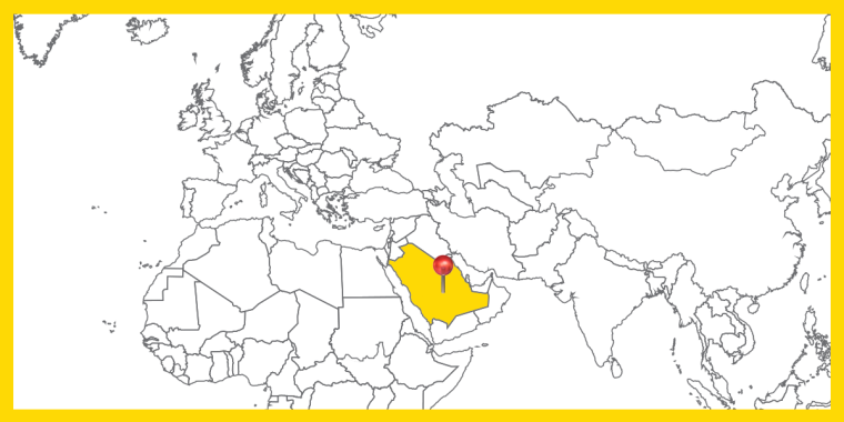 Världskarta med landet Saudiarabien utpekat.